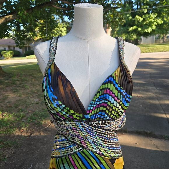 Cache Vtg 90s Y2K Fairy Silk Seqins Evening Gown 8 Multicolor Print Maxi Dress - Picture 2 of 12